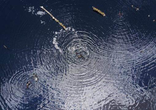Aerial view of the volcano crater where Borana tribe men dive to collect salt, Oromia, El Sod, Ethiopia