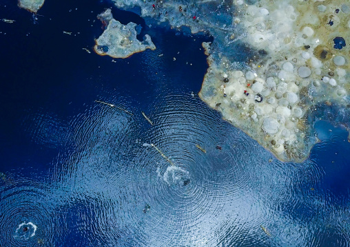 Aerial view of the volcano crater where Borana tribe men dive to collect salt, Oromia, El Sod, Ethiopia