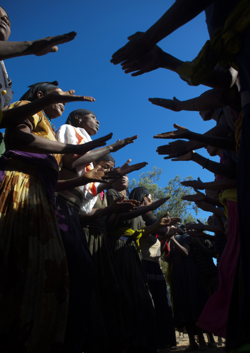 Women lined up and claping during a muslim wedding ceremony, Alaba, Ethiopia