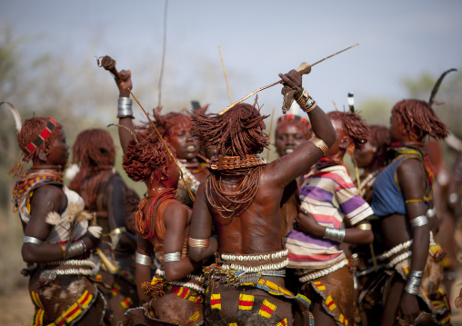 Hamer Women Dancing And Celebrating Bull Jumping Ceremony, Omo Valley, Ethiopia