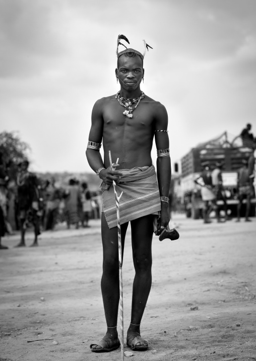 Portrait Of Bare Chest And Feather Headgear Banna Whipper Man Omo Valley Ethiopia