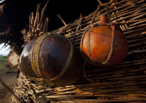 Hung Calabashes On Thatch Hut Wall Omo Valley Ethiopia