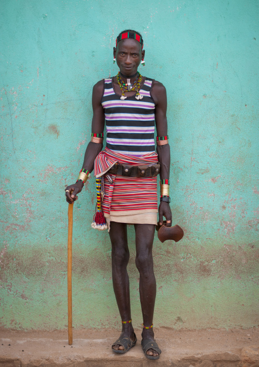 Hamer Man Traditionally Dressed In Turmi Village With Wood Stick And Headrest Omo Valley Ethiopia