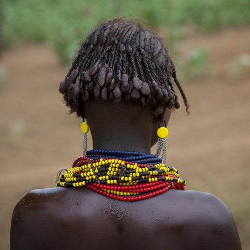 Back Of Dassanech Young Woman Wearing Beaded Necklaces Omo Valley Ethiopia