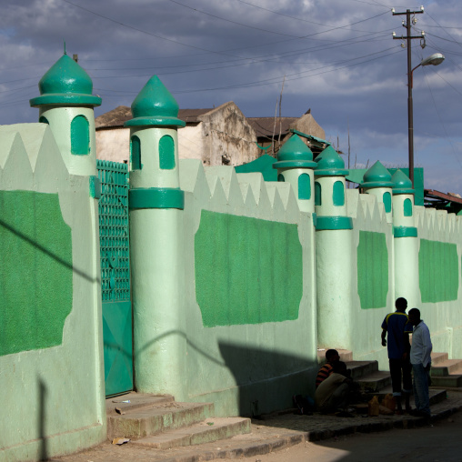 Men Passing In Front Of A Green Mosque, Harar, Ethiopia