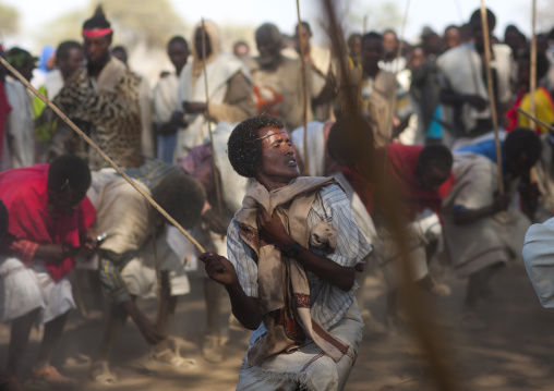 Karrayyu Tribe Man During Choreographed Stick Fighting Dance, Gadaaa Ceremony, Metahara, Ethiopia