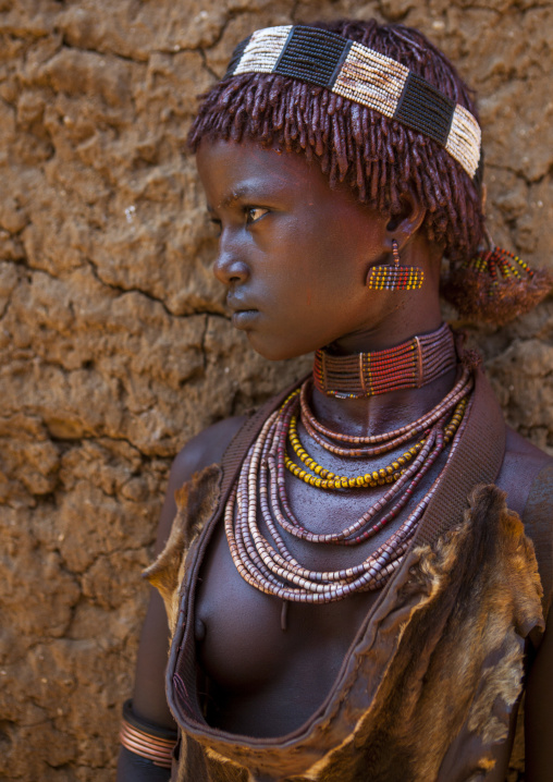 Hamer Tribe Girl In Traditional Outfit, Turmi, Omo Valley, Ethiopia