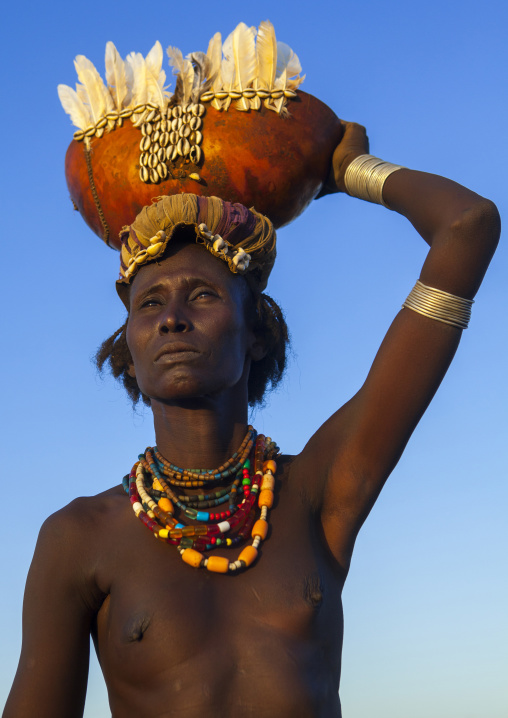 Dassanech Tribe Woman With A Calabash On Her Head, Omorate, Omo Valley, Ethiopia