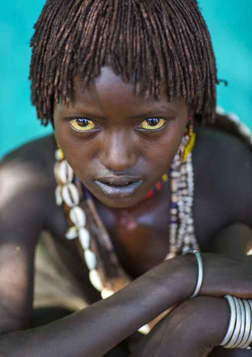 Litte Hamer Girl Tribe In Traditional Outfit, Turmi, Omo Valley, Ethiopia