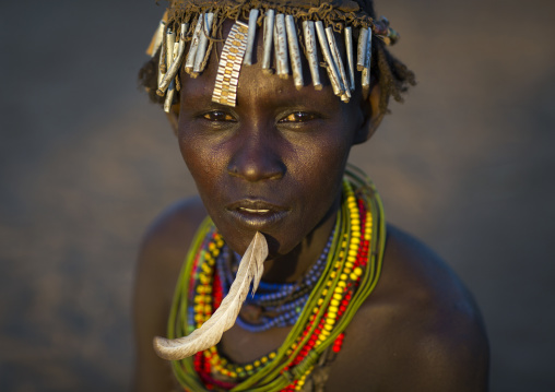 Dassanech Tribe Woman With A Feather In The Chin, Omorate, Omo Valley, Ethiopia