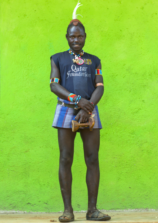 Hamer Tribe Man With A Barcelona Football Shirt, Key Afer, Omo Valley, Ethiopia