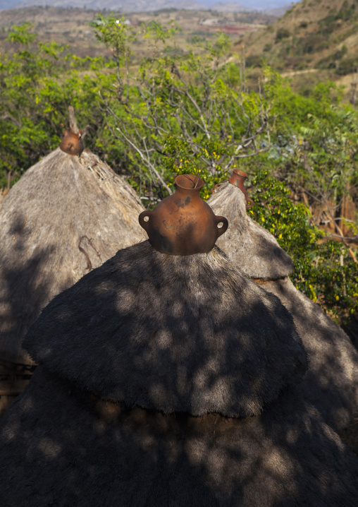 Konso Tribe Traditional Houses With Pots On The Top, Konso, Omo Valley, Ethiopia