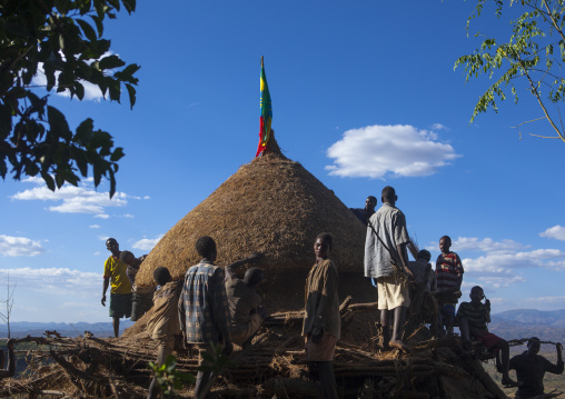 Konso Tribe Men Building A Mora, The Common House, Konso Village, Omo Valley, Ethiopia