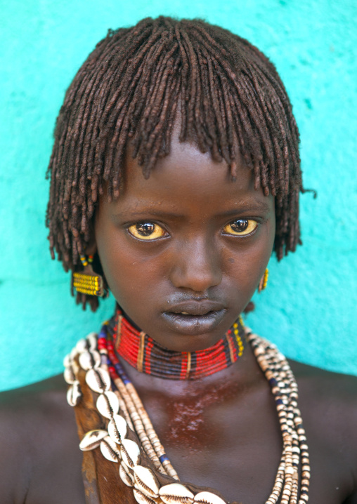 Litte Hamer Girl Tribe In Traditional Outfit, Turmi, Omo Valley, Ethiopia