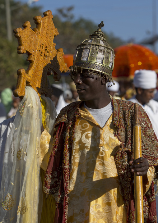 Ethiopian Orthodox Priest Holding A Cross During The Colorful Timkat Epiphany Festival, Lalibela, Ethiopia