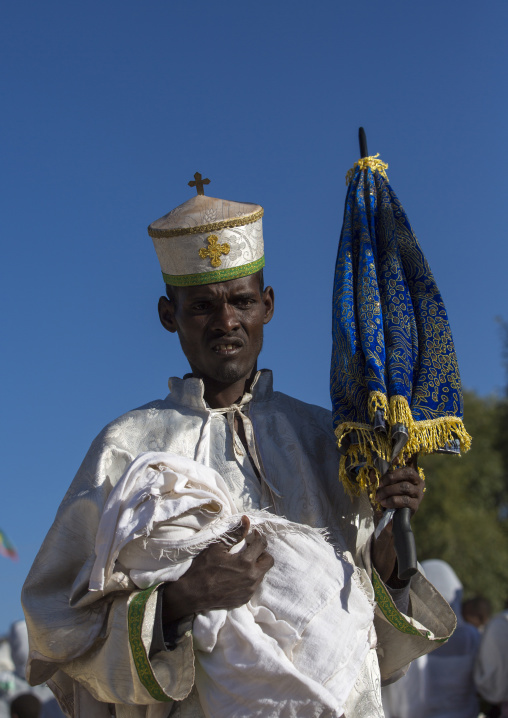 Ethiopian Orthodox Priest Celebrating The Colorful Timkat Epiphany Festival, Lalibela, Ethiopia