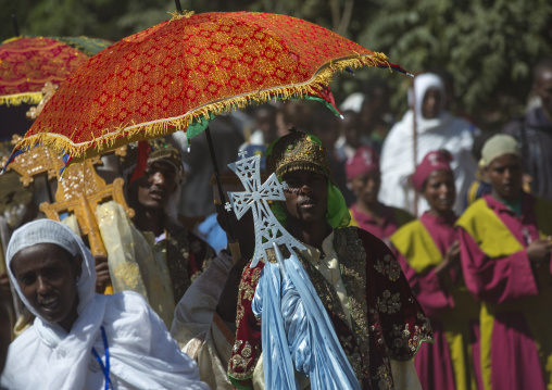 Ethiopian Orthodox Priests Holding Sacred Crosses During The Colorful Timkat Epiphany Festival, Lalibela, Ethiopia