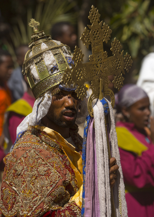 Ethiopian Orthodox Priest Holding A Cross During The Colorful Timkat Epiphany Festival, Lalibela, Ethiopia