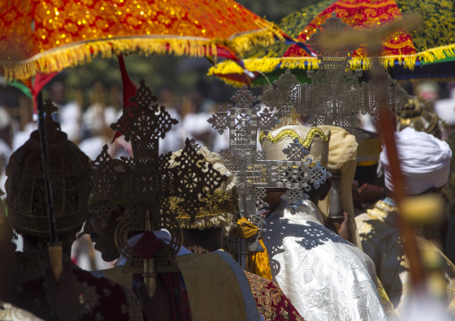 Ethiopian Orthodox Priests Holding Sacred Crosses During The Colorful Timkat Epiphany Festival, Lalibela, Ethiopia
