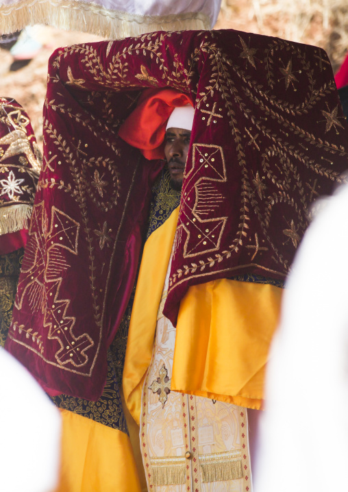 Priests Carrying Some Covered Tabots On Their Heads During Timkat Epiphany Festival, Lalibela, Ethiopia
