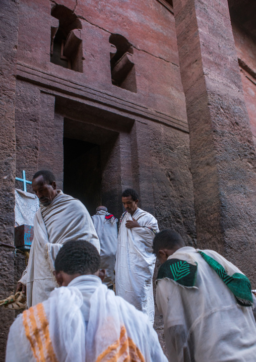 Pilgrims in front of a rock church during kidane mehret orthodox celebration, Amhara region, Lalibela, Ethiopia