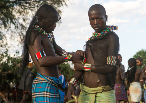 Hamer tribe whippers during a bull jumping ceremony, Omo valley, Turmi, Ethiopia