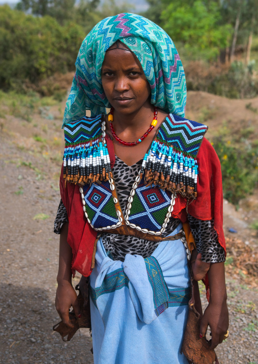 Raya tribe woman with a beaded baby carrier, Semien wollo zone, Woldia, Ethiopia