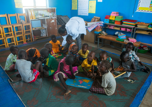 Nyangatom and toposa tribe children at school, Omo valley, Kangate, Ethiopia