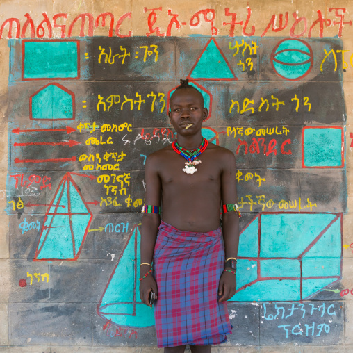 Hamer tribe teenager in a school in front of a painted wall, Omo valley, Turmi, Ethiopia