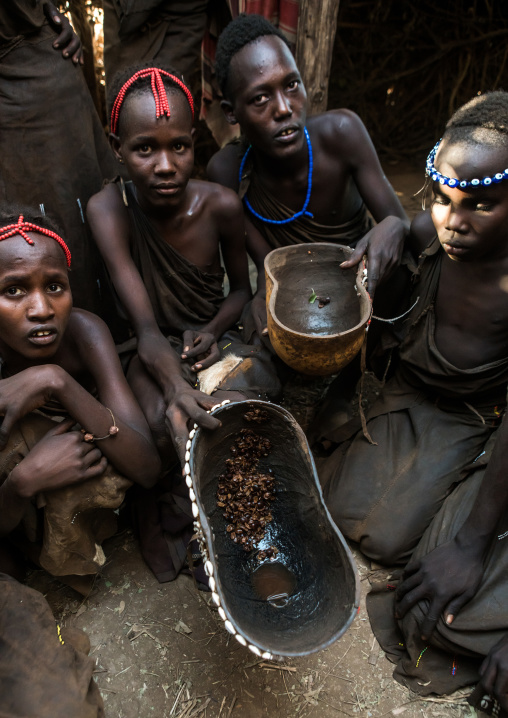 Circumcised boys from the dassanech tribe staying together until they are healed, Omo valley, Omorate, Ethiopia