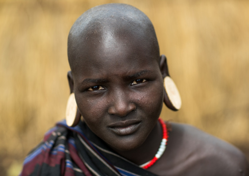 Mursi tribe woman with enlarged earlobes, Omo valley, Mago park, Ethiopia
