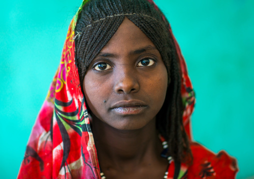 Portrait of an afar tribe girl with braided hair, Afar region, Semera, Ethiopia