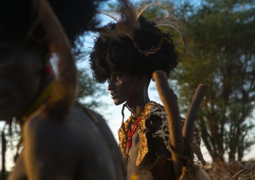 Dassanech men with leopard skins and ostrich feathers headwears during dimi ceremony to celebrate circumcision of teenagers, Omo valley, Omorate, Ethiopia