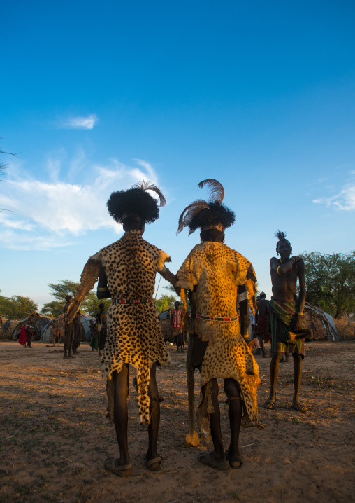 Dassanech men with leopard skins and ostrich feathers headwears during dimi ceremony to celebrate circumcision of teenagers, Omo valley, Omorate, Ethiopia