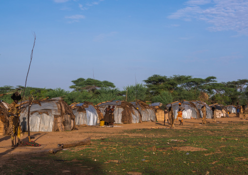 Village built for dimi ceremony to celebrate circumcision of teenagers in dassanech tribe, Omo valley, Omorate, Ethiopia