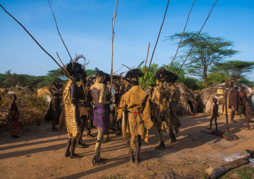Dassanech men with leopard skins and ostrich feathers headwears during dimi ceremony to celebrate circumcision of teenagers, Omo valley, Omorate, Ethiopia