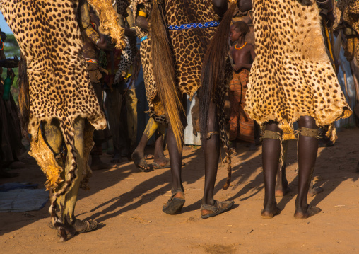 Dassanech men with leopard skins and ostrich feathers headwears during dimi ceremony to celebrate circumcision of teenagers, Omo valley, Omorate, Ethiopia