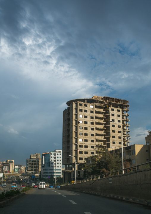 Street scene showing traffic and modern buildings, Addis abeba region, Addis ababa, Ethiopia