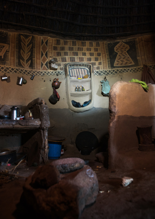 Ethiopia, Kembata, Alaba Kuito, inside a traditional house with decorated and painted walls