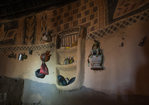 Ethiopia, Kembata, Alaba Kuito, inside a traditional house with decorated and painted walls