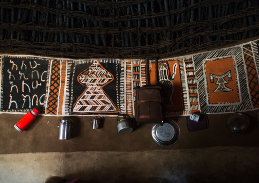 Ethiopia, Kembata, Alaba Kuito, inside a traditional house with decorated and painted walls