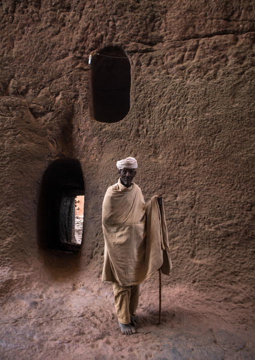 Lonely ethiopian monk during kidane mehret orthodox celebration, Amhara region, Lalibela, Ethiopia