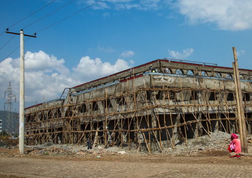 Wooden scaffolding on construction site of new office building, Addis abeba region, Addis ababa, Ethiopia