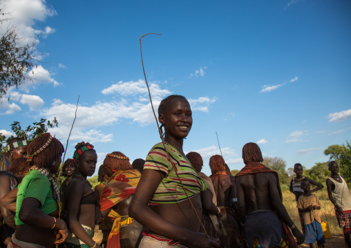 Hamer tribe women dancing during a bull jumping ceremony, Omo valley, Turmi, Ethiopia