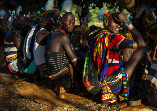 Hamer tribe elders attending a bull jumping ceremony, Omo valley, Turmi, Ethiopia