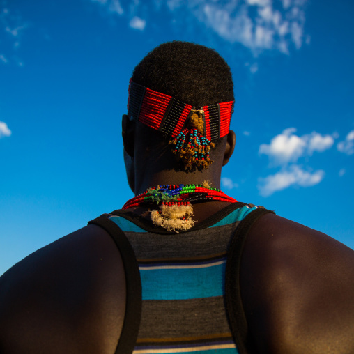 Hamer tribe man attending a bull jumping ceremony, Omo valley, Turmi, Ethiopia