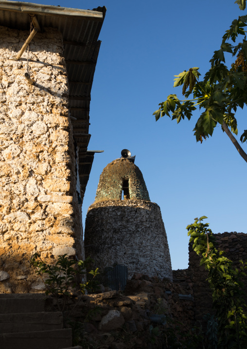 Mosque minaret in a traditional Argoba stone houses village, Harari Region, Koremi, Ethiopia
