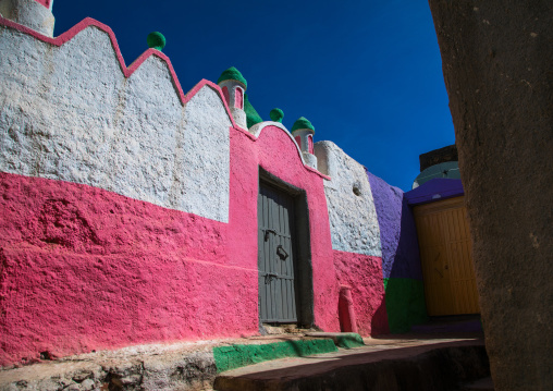 Multi colored mosque in the old area of Jugol, Harari Region, Harar, Ethiopia