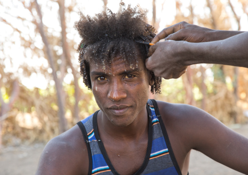 Afar man having a traditional hairstyle with a stick to make curly hair, Afar region, Afambo, Ethiopia