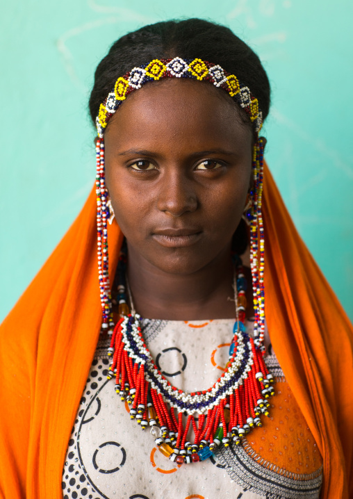 Portrait of an Afar tribe girl with beaded necklace, Afar region, Semera, Ethiopia
